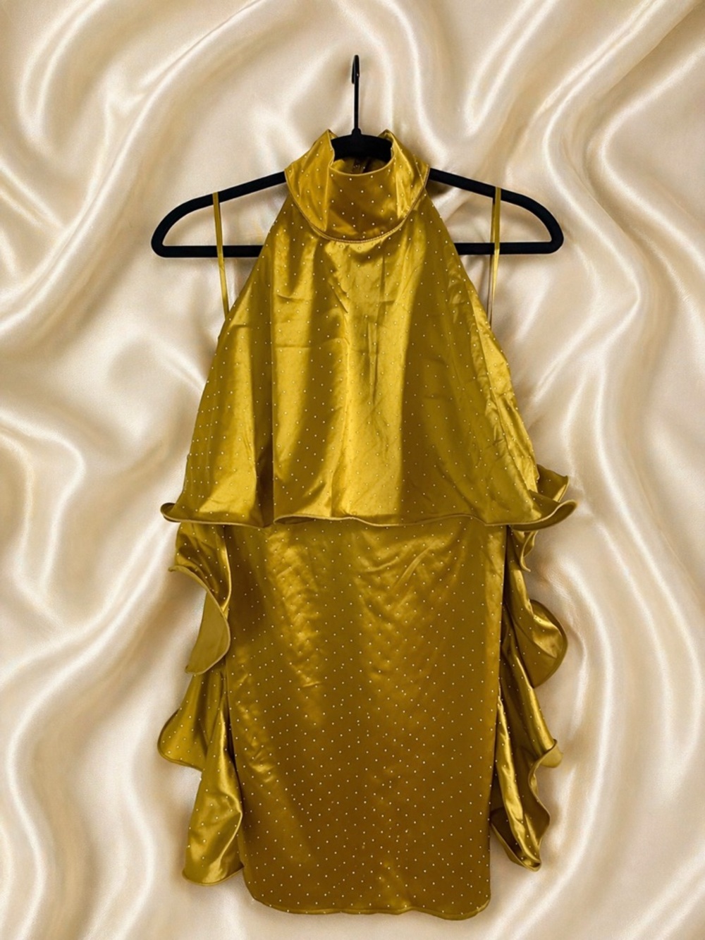 Jewel Badgley Mischka Satin Halter Mini Dress,Crystal Detail Gold Cocktail Dress